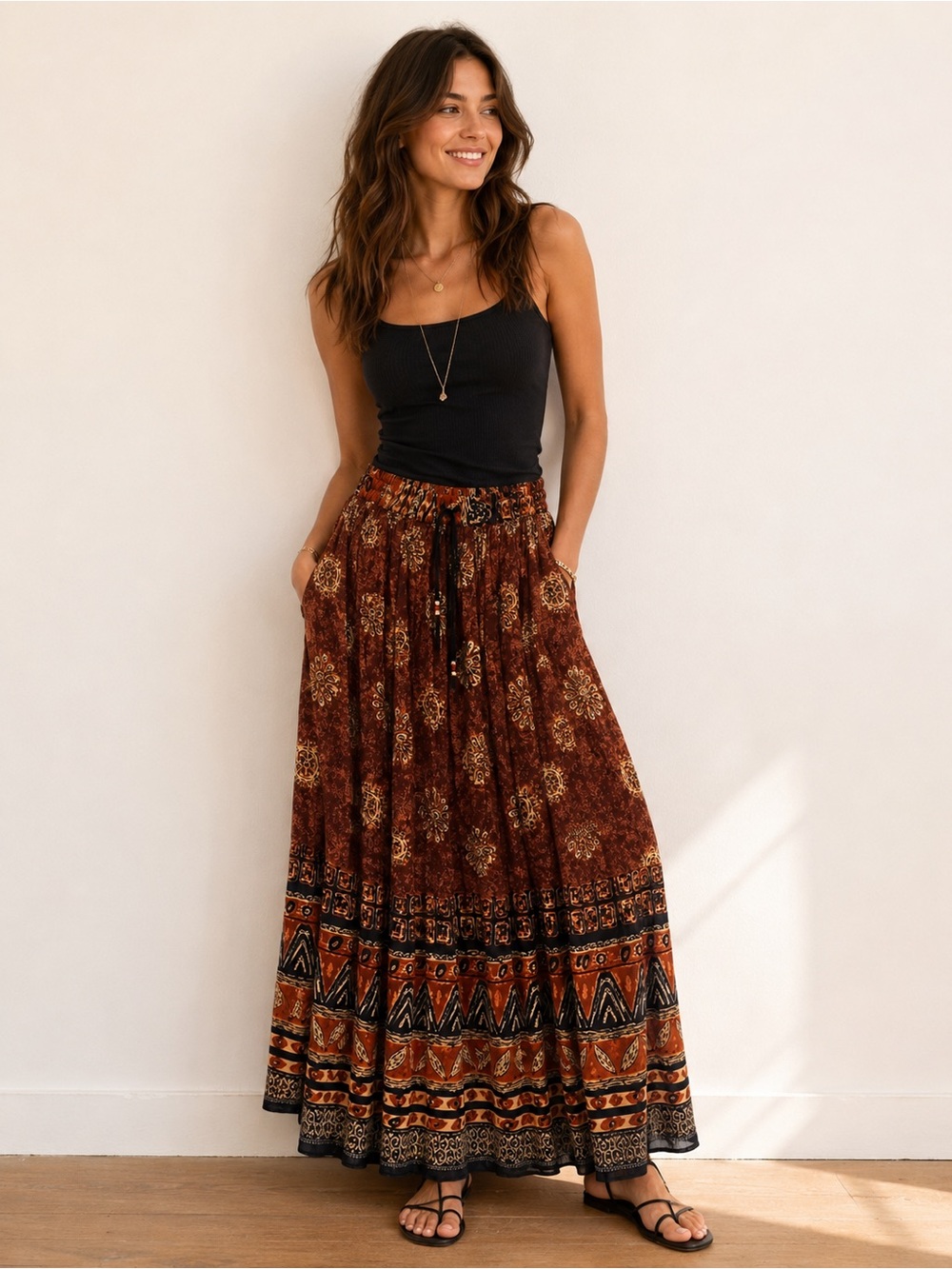 Y2K Boho Crinkle Rayon Maxi Skirt | Earth Tone Border Print